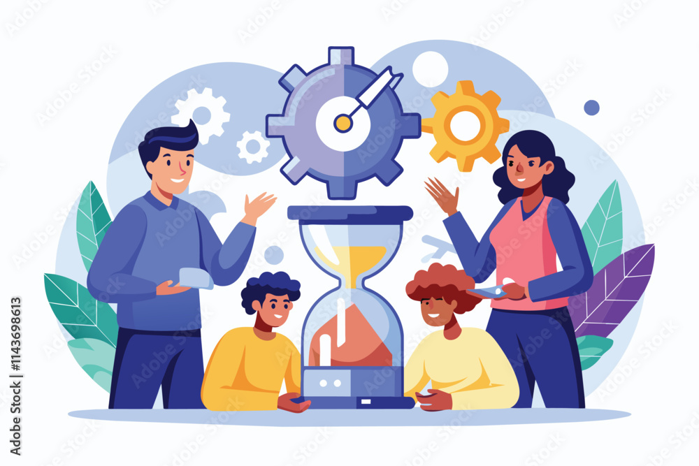 Poster three people engaging with an hourglass while discussing time and productivity in a creative setting