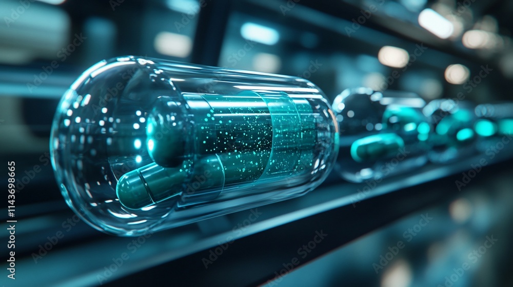 Poster a futuristic capsule design showcasing glowing elements in a transparent container.