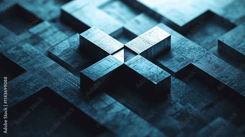 Poster abstract metallic cubes forming a cross pattern.