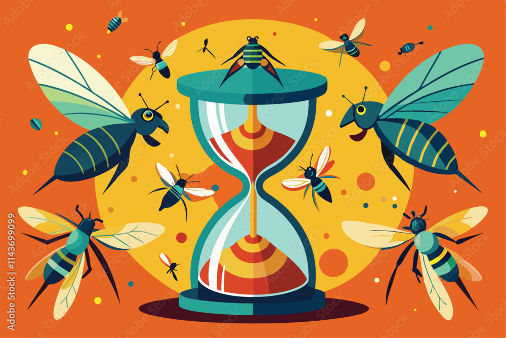 Poster a vibrant hourglass surrounded by buzzing flies emphasizes the concept of time passing creatively ti