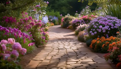 Exploring a Tranquil Garden Walkway Adorned with Vibrant Flowers"
