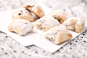 Stollen Bites on bright background. Soft focus. Close up.