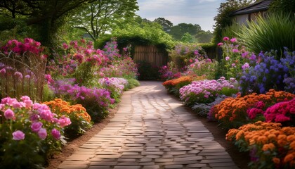 Exploring a Tranquil Garden Walkway Adorned with Vibrant Flowers"