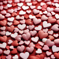 The image features an assortment of hearts in various shades of red and pink, scattered across a solid red background. The hearts are of different sizes and colors, creating a vibrant and love-themed 