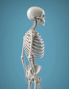 Side view of a human skeleton against a blue background, showcasing bone structure and anatomy details.