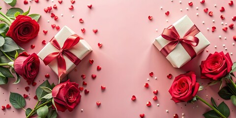 Romantic presents with red roses and hearts on pink background