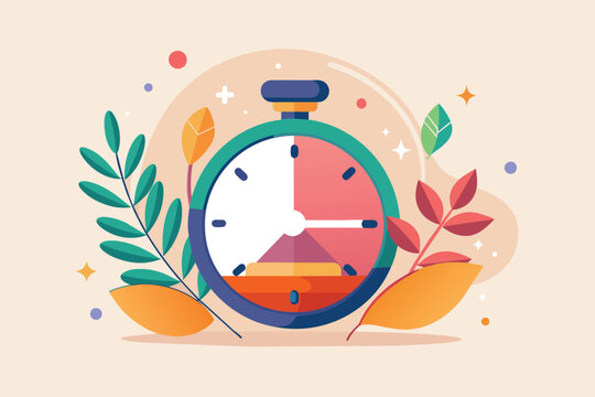 A vibrant stopwatch rests among illustrated leaves, symbolizing the passage of time in a creative way Time-limited, simple illustration