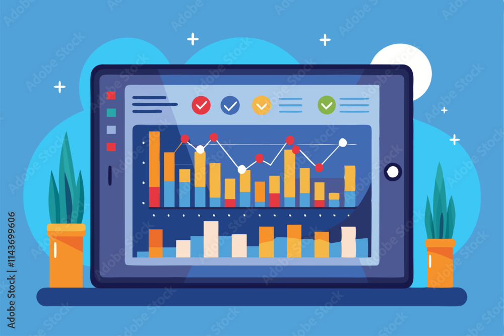 Poster a tablet shows trading data with vibrant graphs and charts, surrounded by decorative plants on a fla