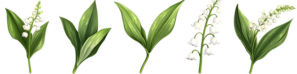 Lily of the valley flowers and leaves, isolated on transparent background.