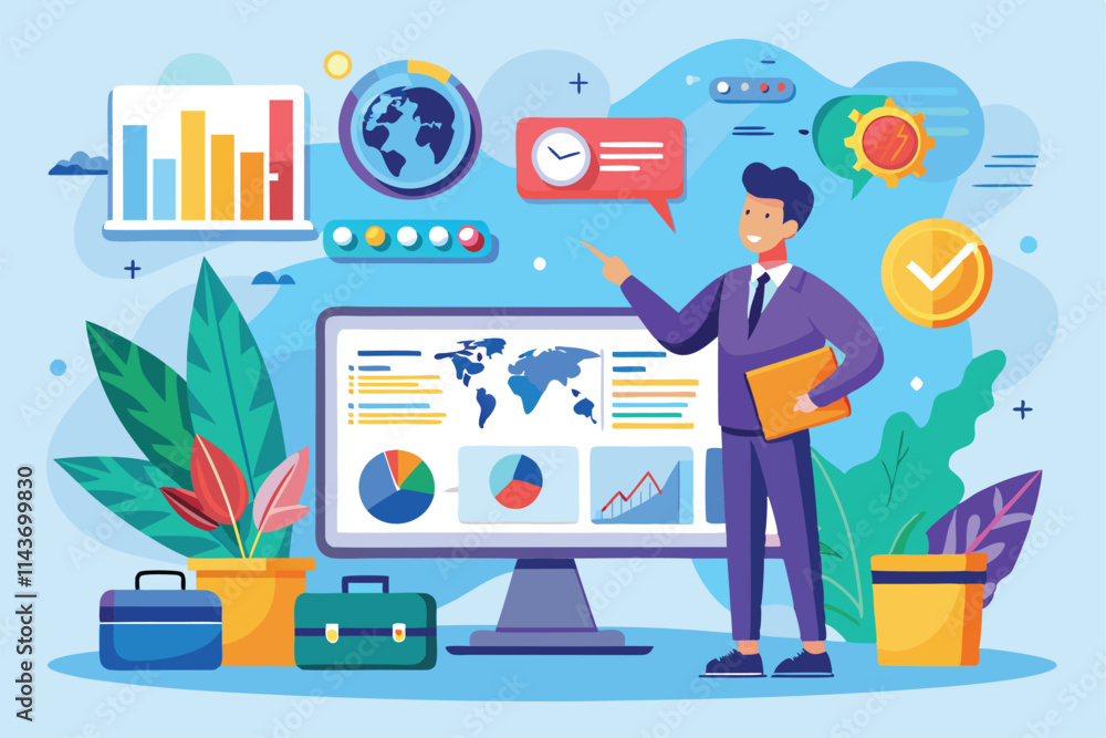 Poster a man in a suit presents travel business data using colorful charts on a computer screen in an offic