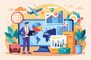 Naklejka premium A professional presents travel business data using charts, maps, and technology to analyze trends effectively Travel business data presentation is trending and illustrated in a flat format.
