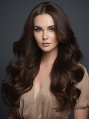 Fototapeta premium A beautiful woman with long, layered hair styled in soft C-curl waves, flowing naturally down past her shoulders. The hair color is natural chocolate brown with a glossy finish