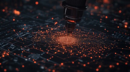 A close-up of a glowing pen-like device creating intricate patterns of light on a dark surface, suggesting a digital or technological theme.