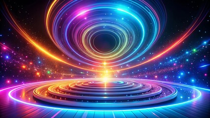 Cosmic Stage Design Illuminated Circular Platform with Vibrant Neon Lights and Starry Background