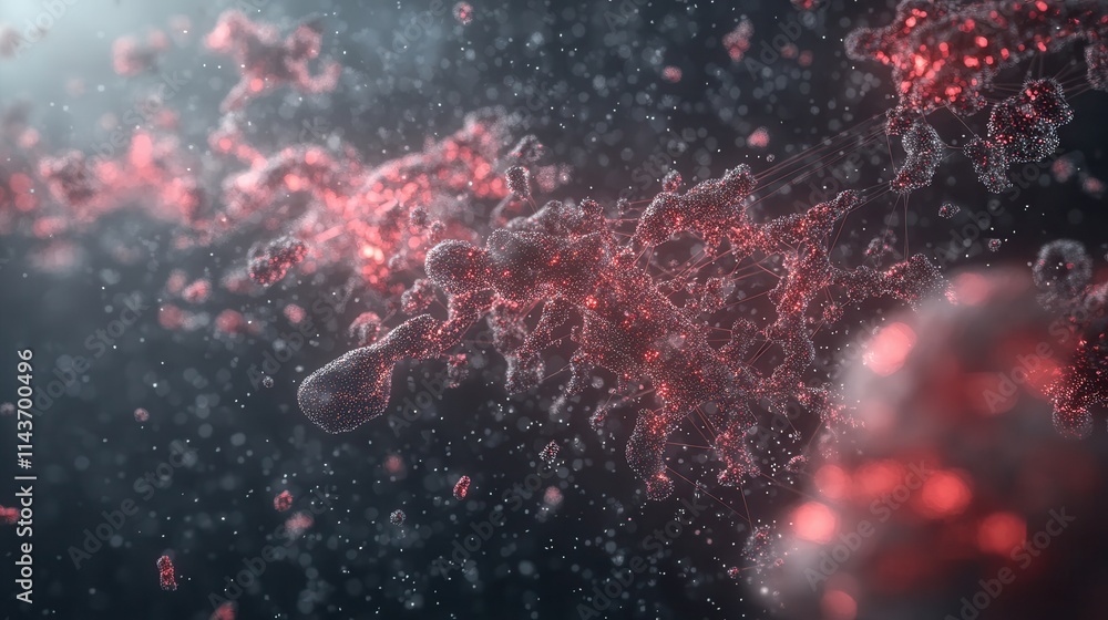 Poster Abstract visualization of microscopic particles in a dark, luminous environment, featuring vibrant red tones and dynamic movement.
