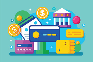 Naklejka premium A vibrant flat design features a bank credit card surrounded by coins and financial elements against a bright backdrop Trending flat illustration of bank credit card icons.