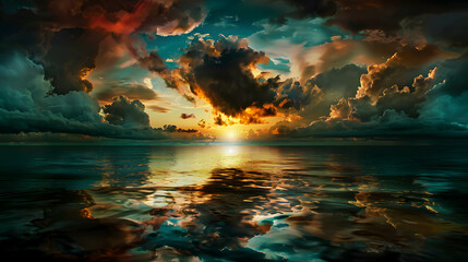 Surreal Ocean Sunset with Dramatic Clouds and Reflections