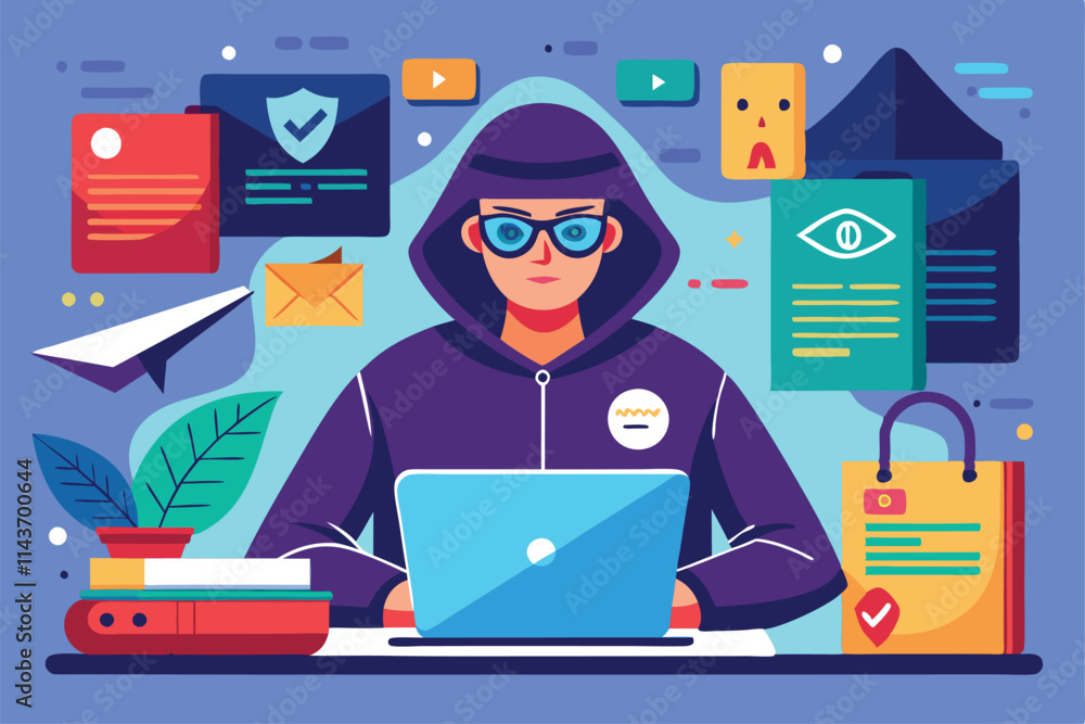 Poster a hacker works diligently on a laptop, utilizing digital tools to ensure document security and prote