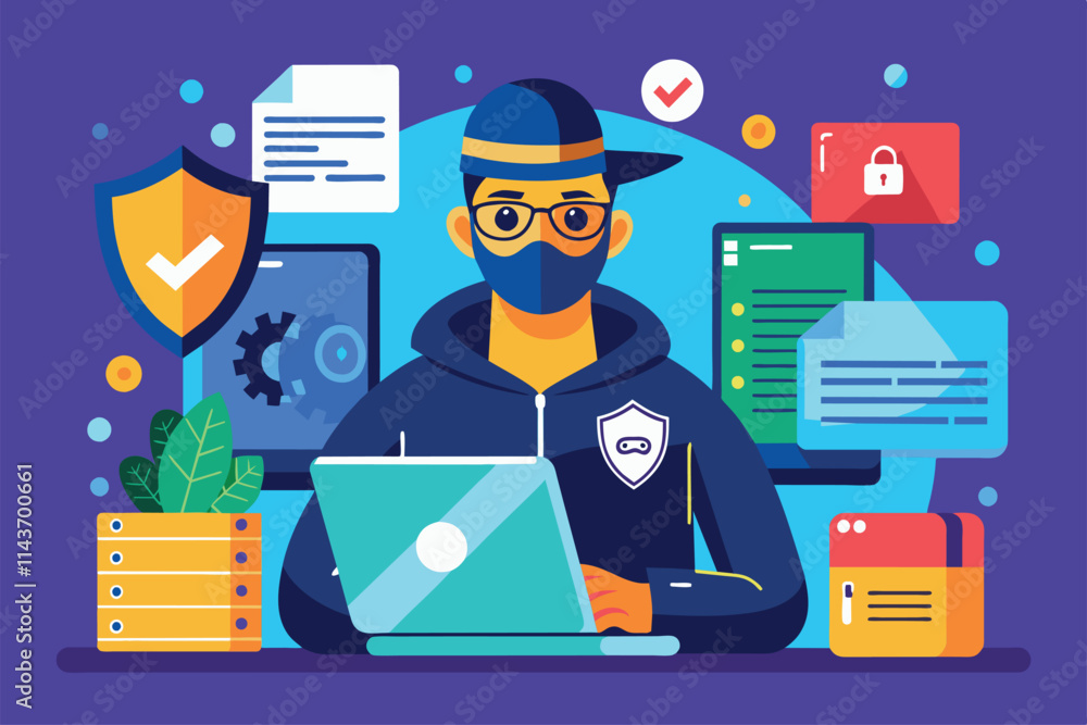Poster a hacker engages with multiple screens and security icons, focused on protecting document data trend