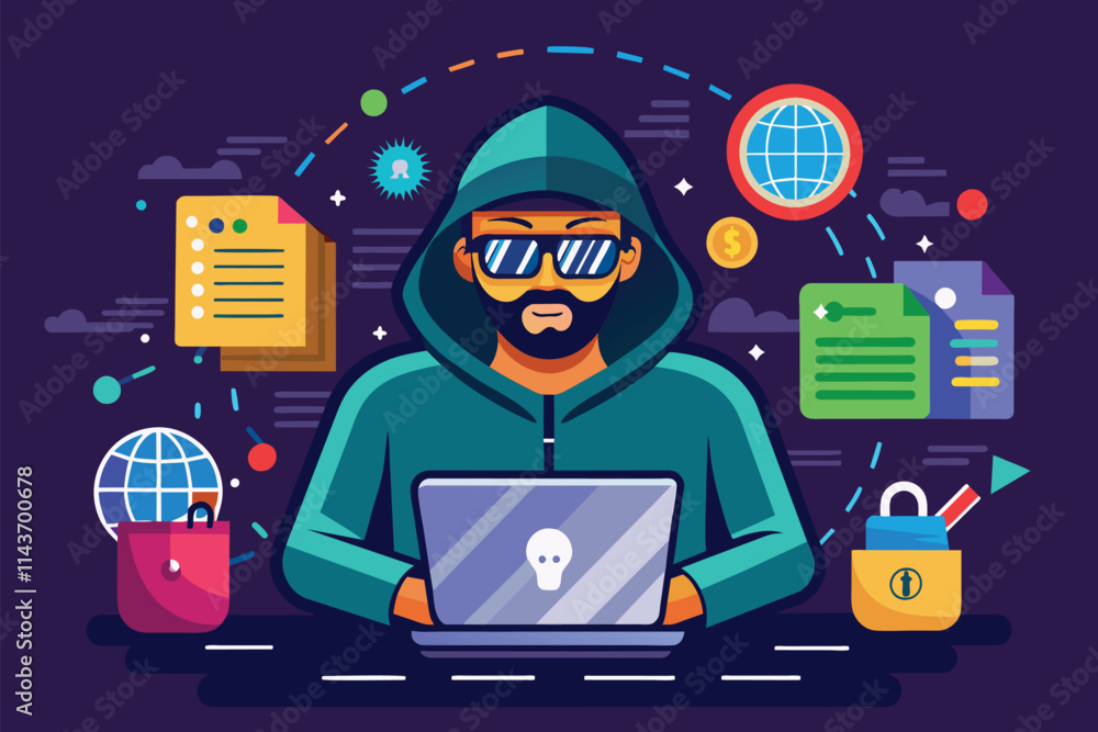 Poster a hacker in a hoodie focuses on a laptop, surrounded by icons representing document security and dat