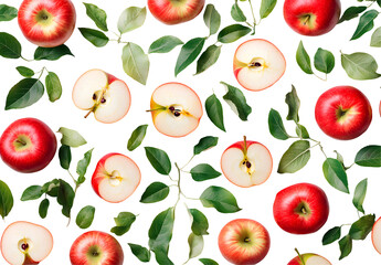 Red Apples with Leaves, Slices & Whole Fruit, Isolated on White Background