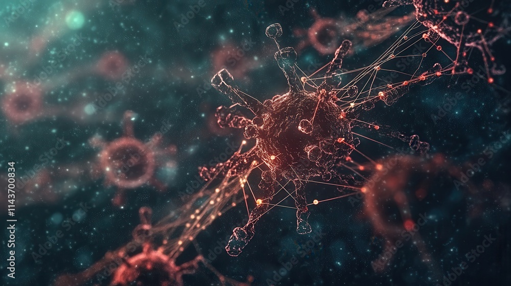 Poster a close-up, artistic representation of a virus, showcasing intricate structures and glowing details 