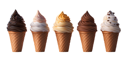 Collection of ice cream cones with chocolate, vanilla, and caramel swirls, isolated on white background. Sweet dessert at sunset.