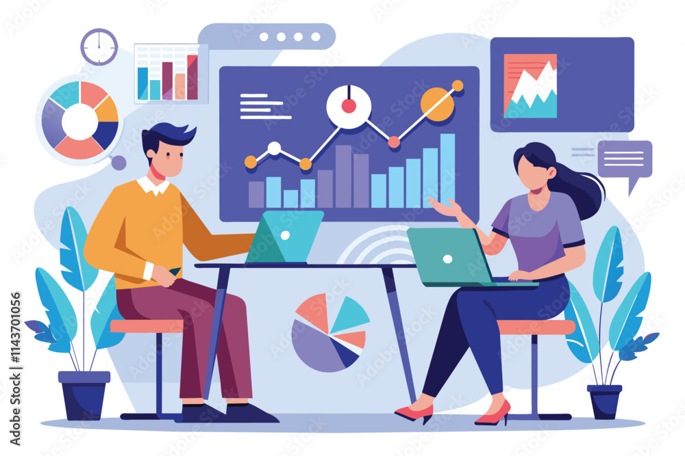 Poster two analysts are examining growth data on their laptops in a modern office with charts and graphs tw