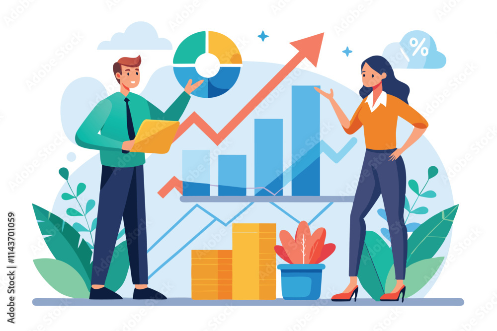 Poster two analysts evaluate growth data with charts and graphs in a bright office space filled with plants
