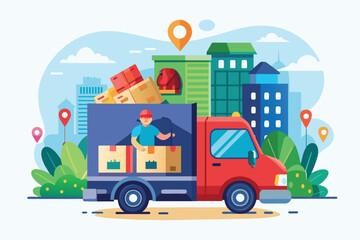 Naklejka premium A delivery service truck is shown unloading packages in a vibrant city filled with buildings and trees Truck delivery service with flat illustrations.