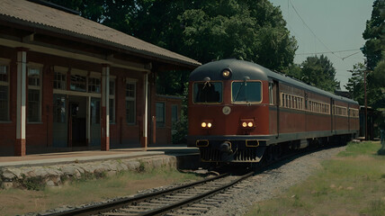 Fototapeta premium Train Leaving a Small Station Railway at a small station in Estonia. Passenger transport. Railway tourism forest background,
