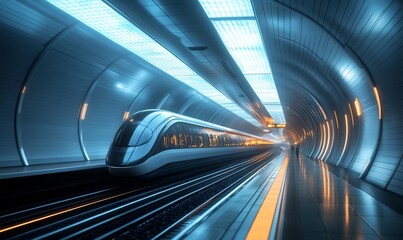 A futuristic train in a sleek, illuminated tunnel, emphasizing modern transport design.