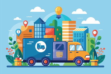 Fototapeta premium A delivery truck navigates through a vibrant urban area filled with buildings and greenery Truck delivery service with flat illustrations.