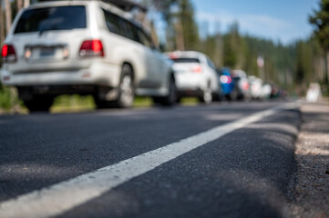 Selective focus on a paved road with a defocused long line of vehicles to enter a national park in the background 