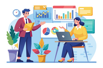 Two business people review company charts, discussing strategies and insights in a modern office setting Two business people studying company charts, flat illustration.