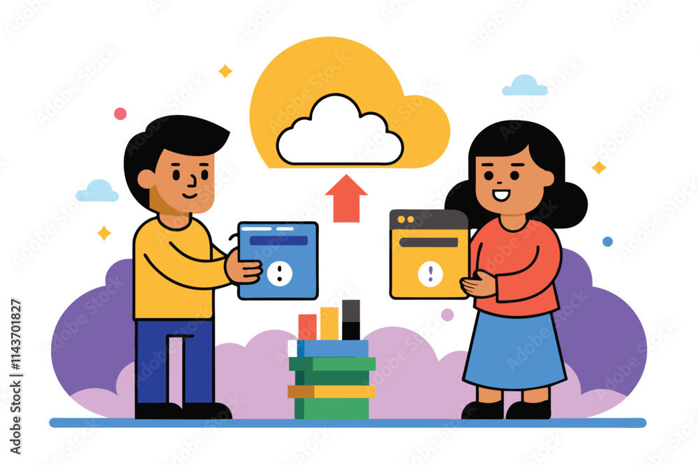 Poster two characters share cloud storage files while surrounded by colorful clouds and tech-inspired desig