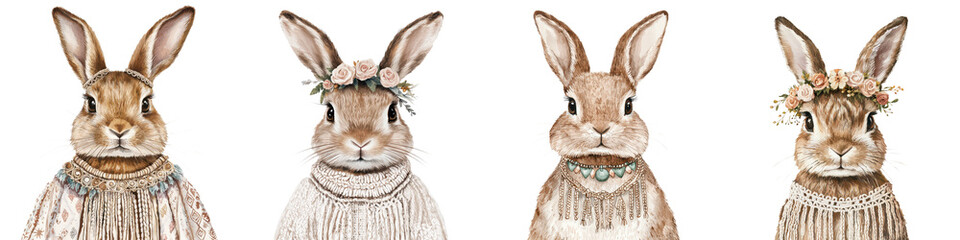 A group of adorable bunnies dressed in charming floral headpieces posing against a simple white background  These fluffy and cuddly creatures create a whimsical and enchanting scene