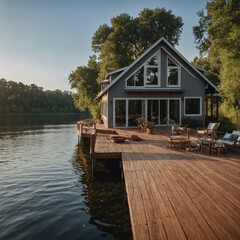 A riverside home with a wooden deck and calm waters.