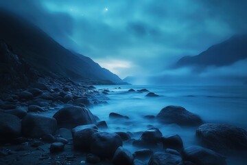 Northern lights, aurora borealis rocky beach dramatic sky turquoise glow moody landscape