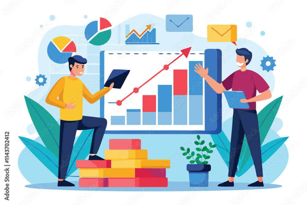 Poster two men actively engage in analyzing flat growth graphs while discussing trends and data insights to