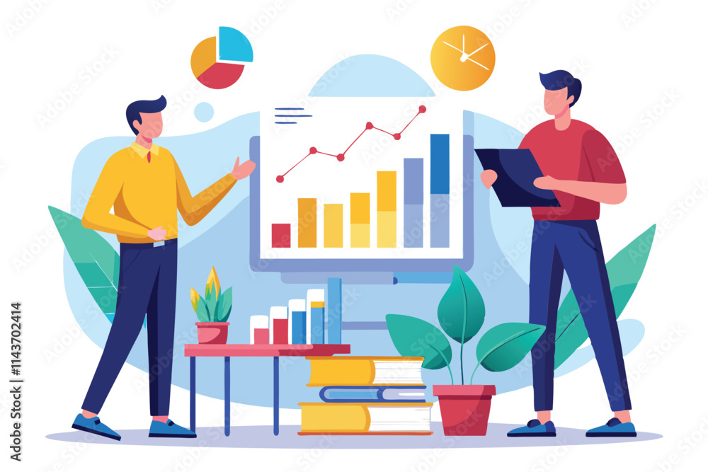 Poster two men are discussing flat growth graphs while examining charts and data in a modern workspace two 