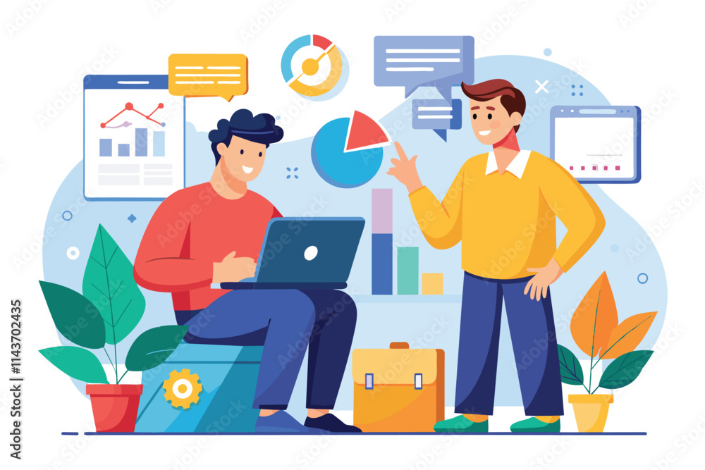 Poster two men brainstorm their yearly business goals using data charts and graphs in a casual setting two 