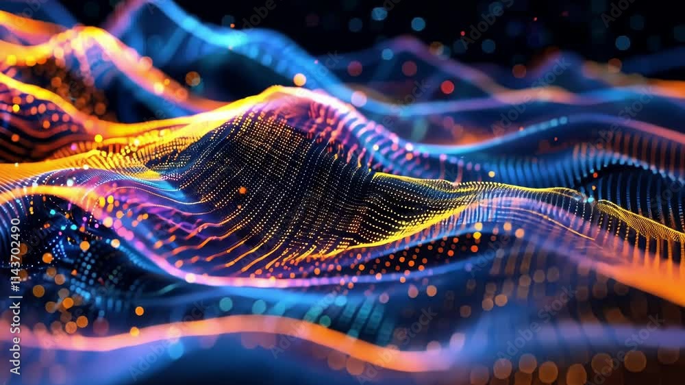Poster colorful particles are forming waves, creating a mesmerizing visualization of big data flowing in cy