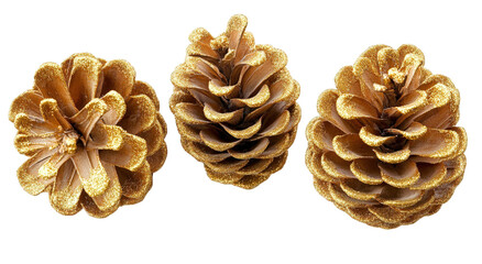 three golden pine cones arranged in a row on a transparent background the cones are a light brown color and have a shiny. metallic finish they are all closed and intact. with no visible signs of damag