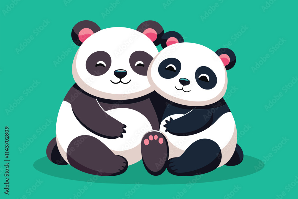 Poster two cute pandas cuddle closely together in a colorful and cheerful flat illustration for all ages tw