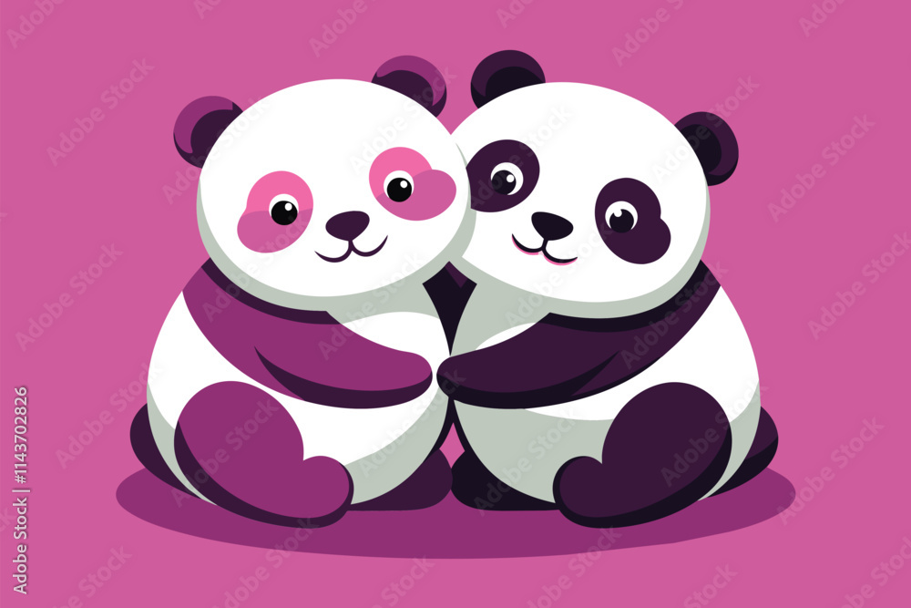 Poster two cute pandas share a warm embrace, showcasing friendship and affection in a flat-style illustrati