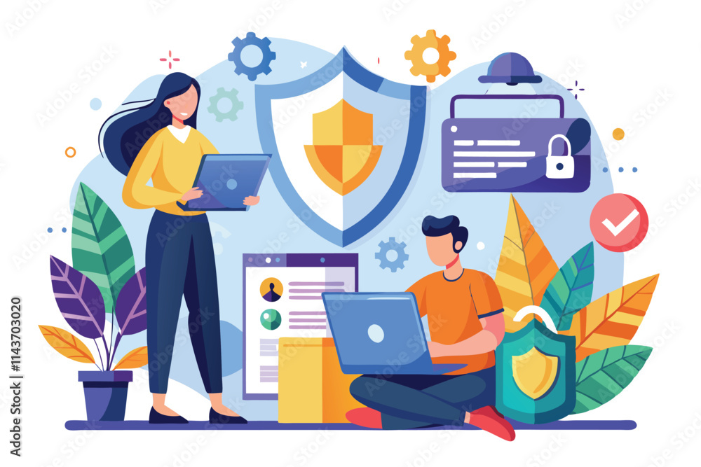 Poster two experts are actively working together to create an innovative security system using laptops two 