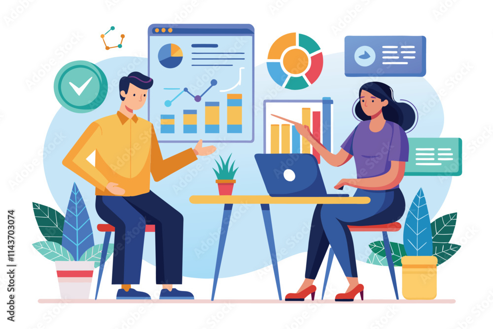 Poster a meeting between two analysts involves detailed discussions around data visualizations and trends t