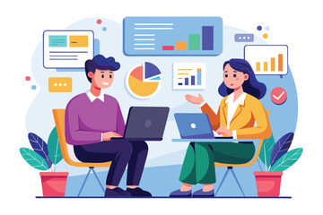 Fototapeta premium A man and a woman collaborate on data insights using laptops in a bright, contemporary office space Two people are meeting with data analysts, illustrated in a flat style.