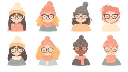 Minimalist Cartoon Avatars Profile Icons Featuring Diverse Individuals in Winter Clothing, Including Hats and Scarves, on a White Background.